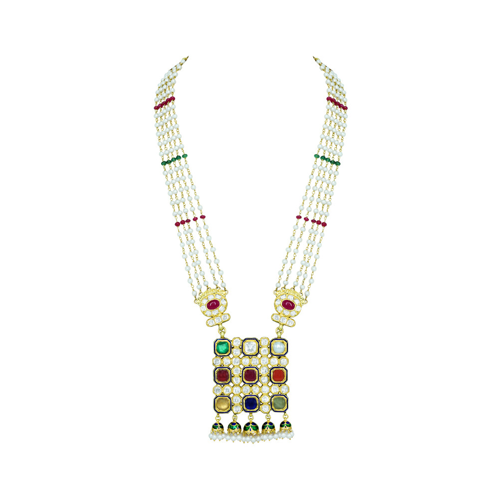 Pearl Necklace with Navratan Pendant and Ruby-Emerald Beads